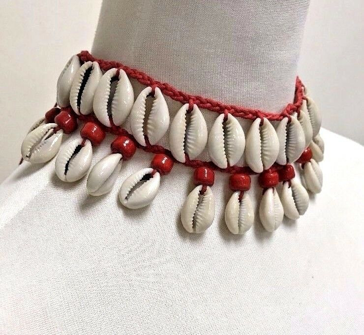 Cowrie Shell Necklace Choker Surfer Boho Festival Red Glass Beads Accents