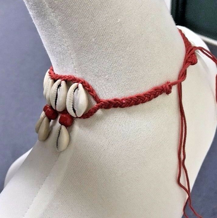 Cowrie Shell Necklace Choker Surfer Boho Festival Red Glass Beads Accents