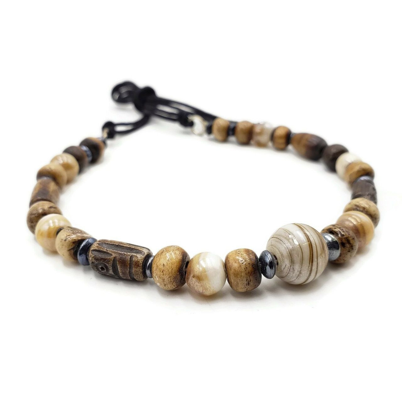 Sula Buffalo Bone Choker with Hair Pipe and Wood Beads 