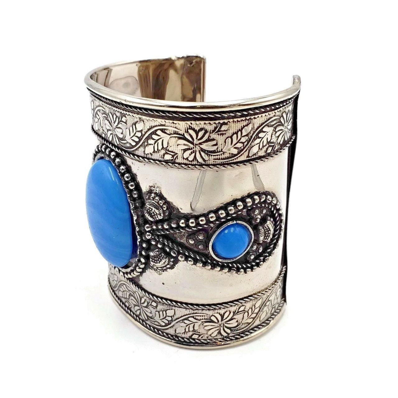 Zuri Ornate Brass Cuff with Blue Resin Cabochon