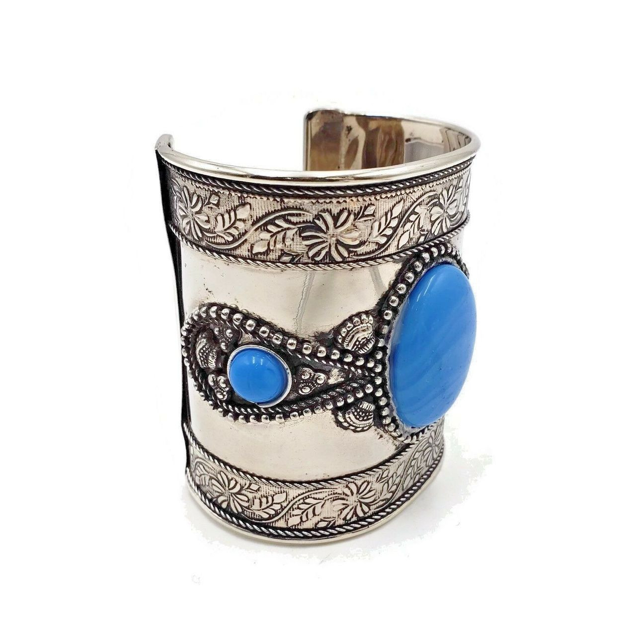 Zuri Ornate Brass Cuff with Blue Resin Cabochon
