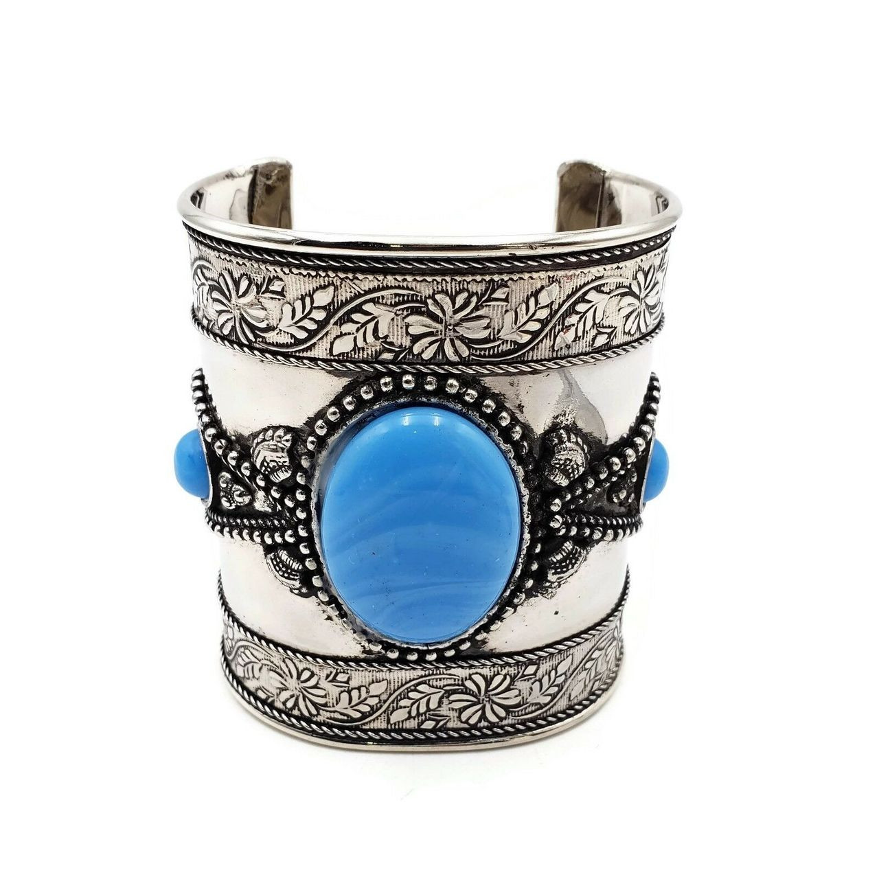 Zuri Ornate Brass Cuff with Blue Resin Cabochon