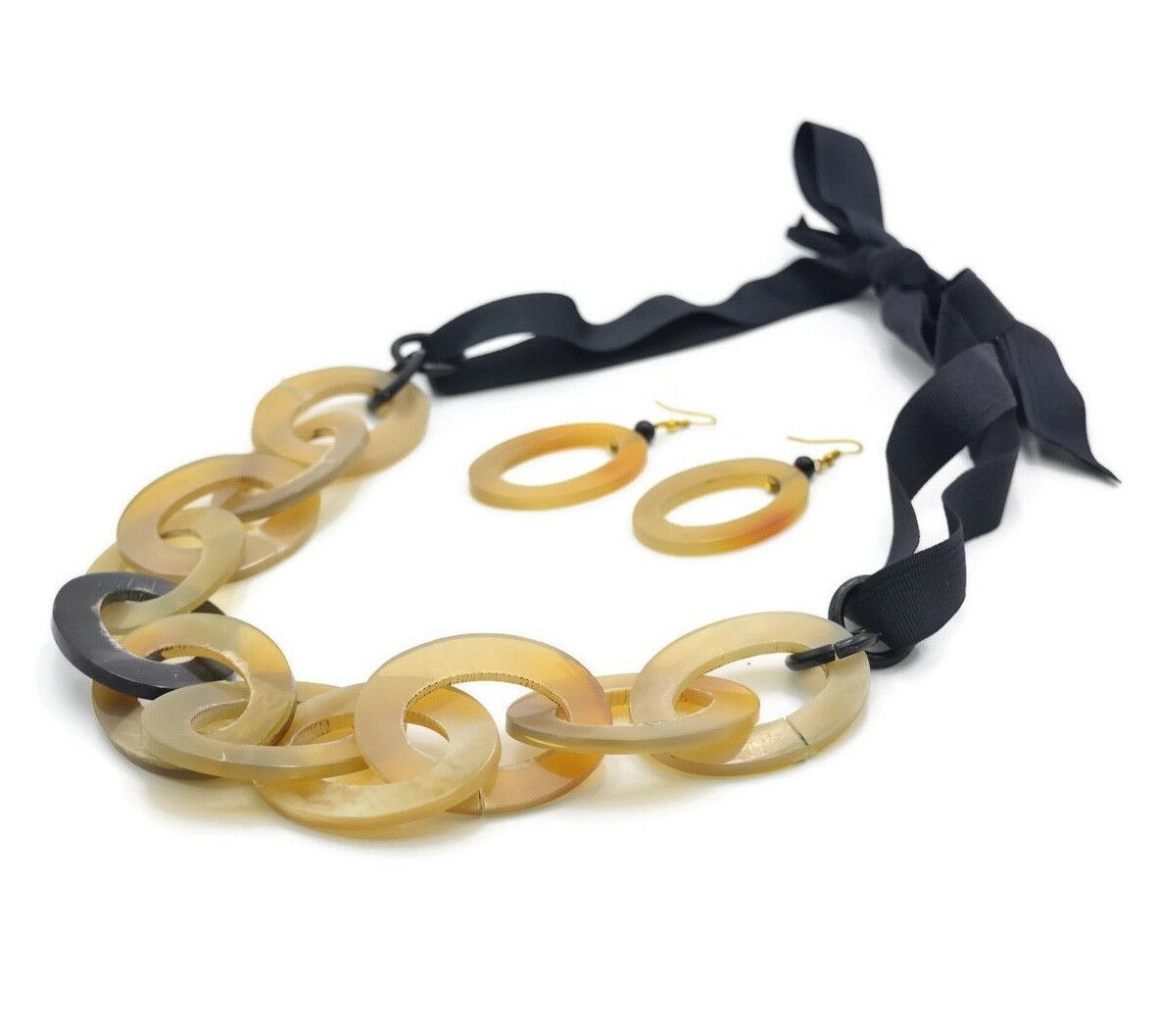 Iridessa Chunky Chain Genuine Buffalo Horn Ribbon Necklace with Matching Oval Hoop Earrings