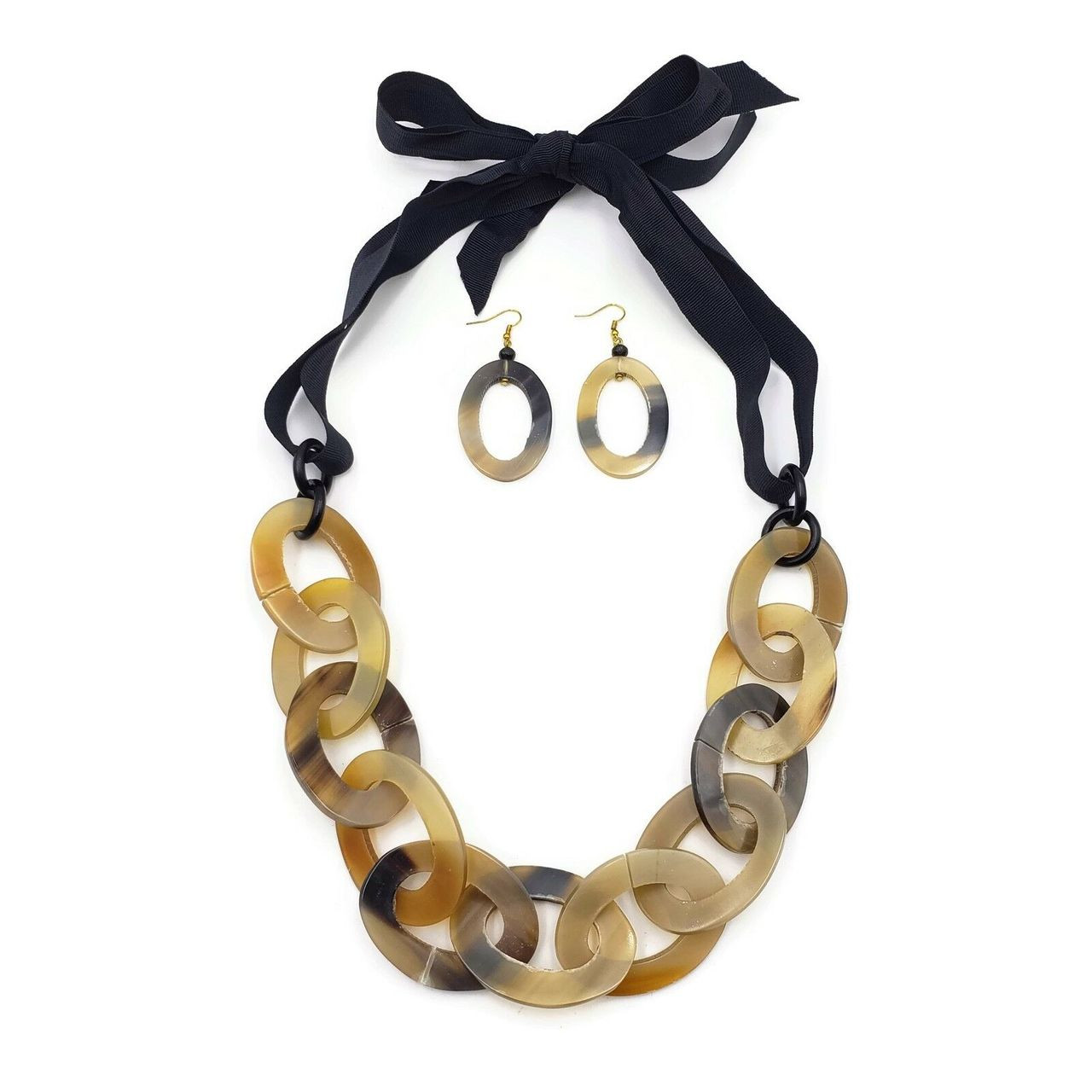Iridessa Chunky Chain Genuine Buffalo Horn Ribbon Necklace with Matching Oval Hoop Earrings