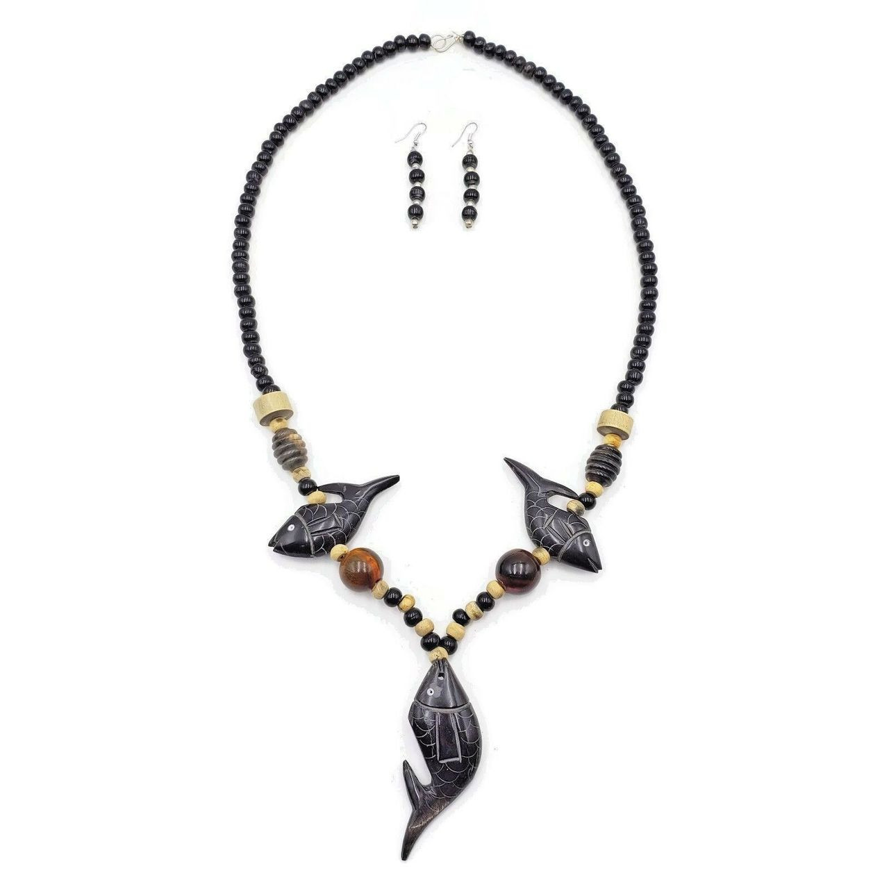 Marina Buffalo Horn Necklace with Fish Pendant and Earrings Set