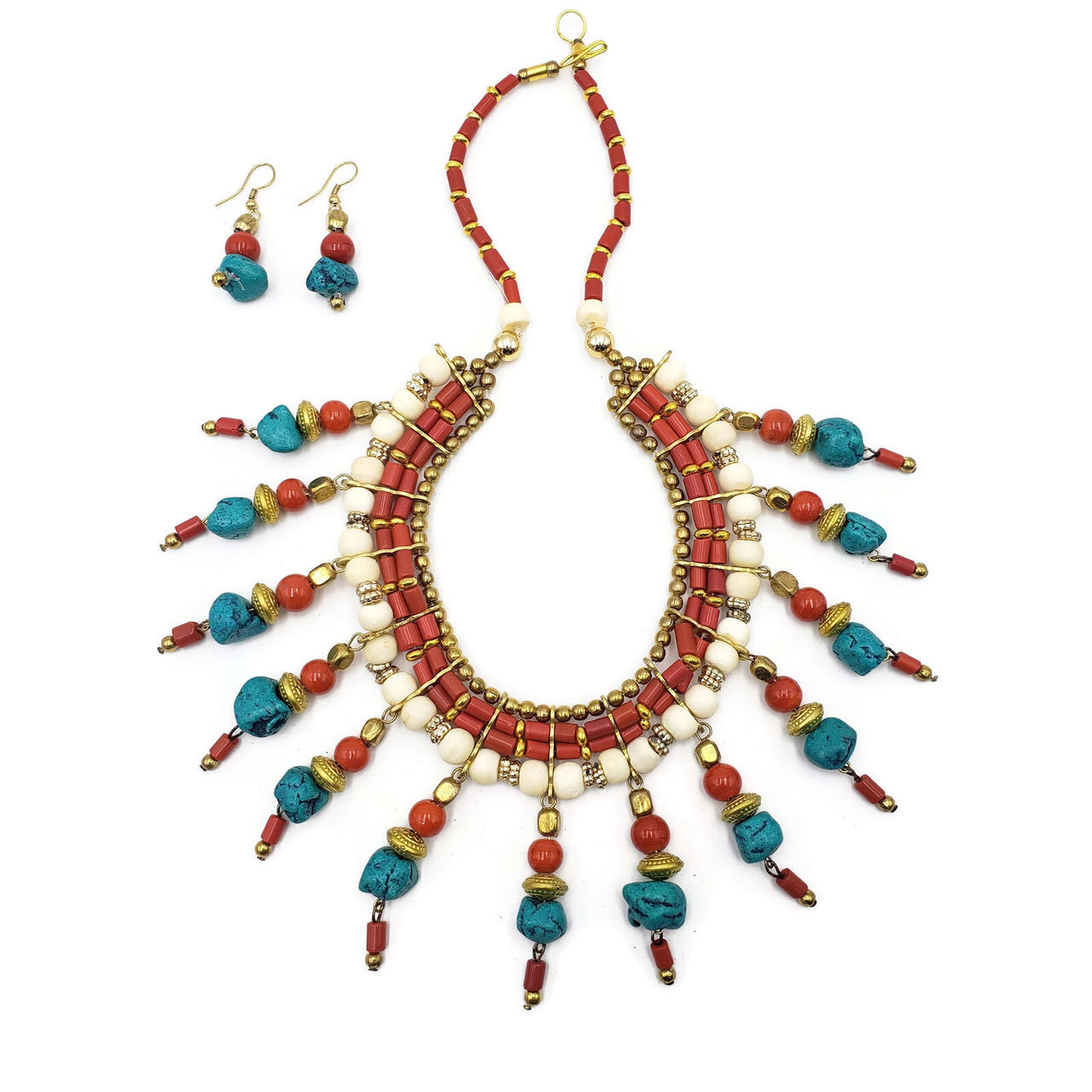 Naga Multi Color Tribal Bone Beads Bib Necklace with Matching Earrings 