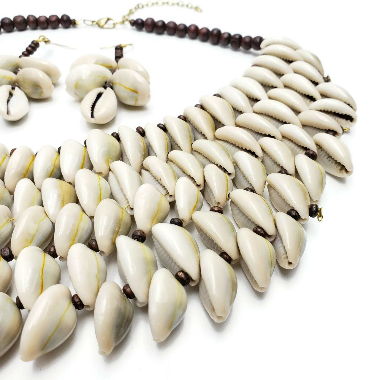 Mali Five Row Cowrie Shell Bib Necklace with Matching Earrings