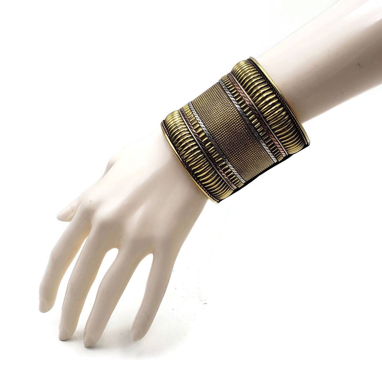 Queenie Ornate Gold Brass Cuff Bracelet in Ethnic Gauntlet / Afghan Cuff Style