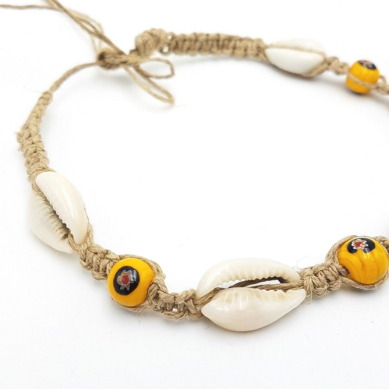 Gibi Cowrie Shell Hemp Choker with Evil Eye Glass Beads