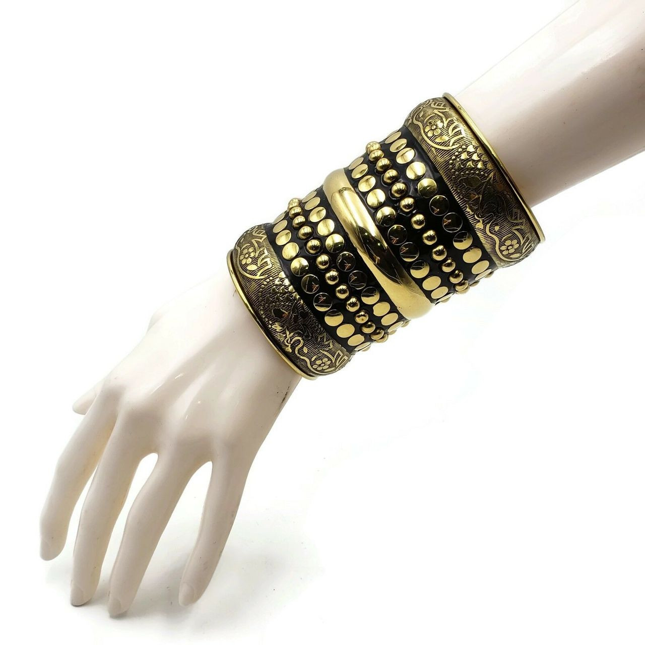 Esmeralda Ornate Brass Cuff in Gold and Antique Tone