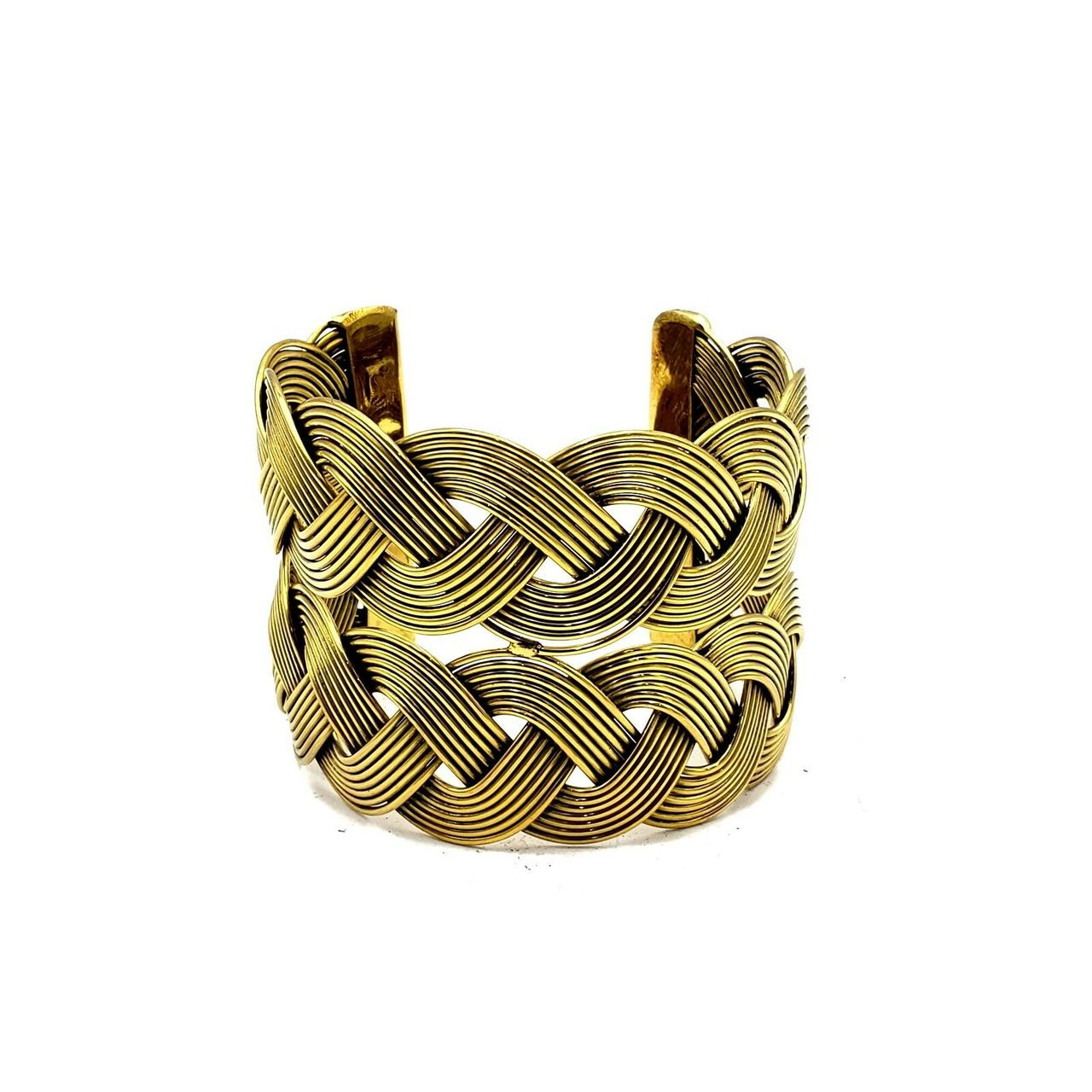 Tissa Ornate Gold Brass Cuff Bracelet in Ethnic Gauntlet and Gypsy Weave Braid Design