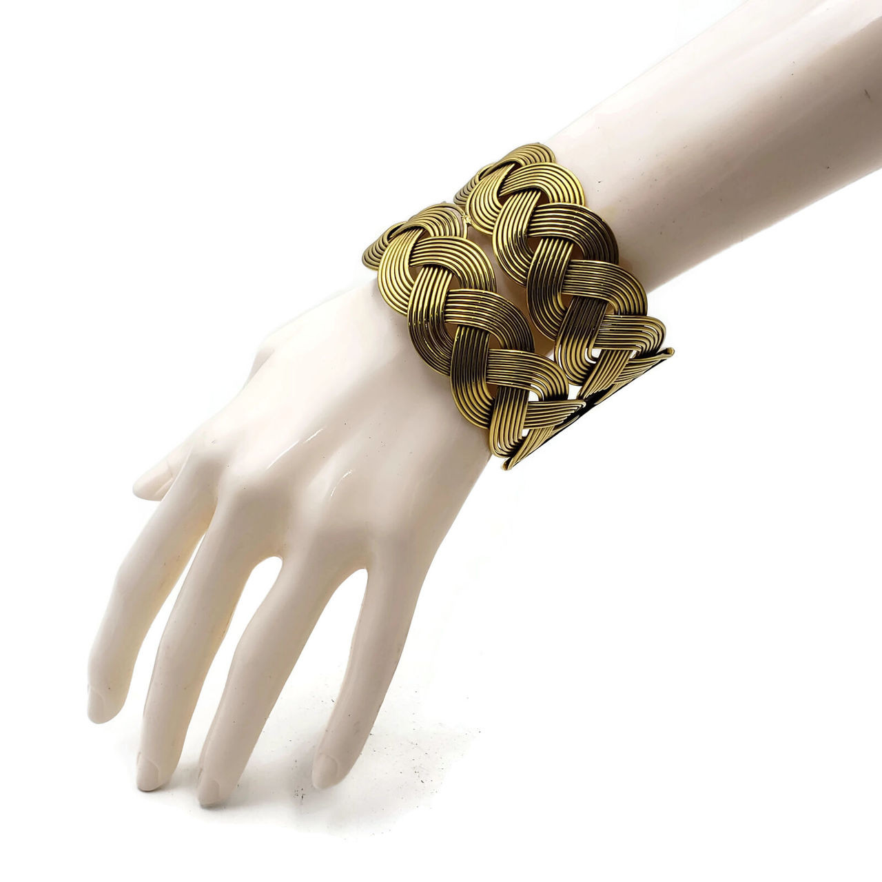 Tissa Ornate Gold Brass Cuff Bracelet in Ethnic Gauntlet and Gypsy Weave Braid Design