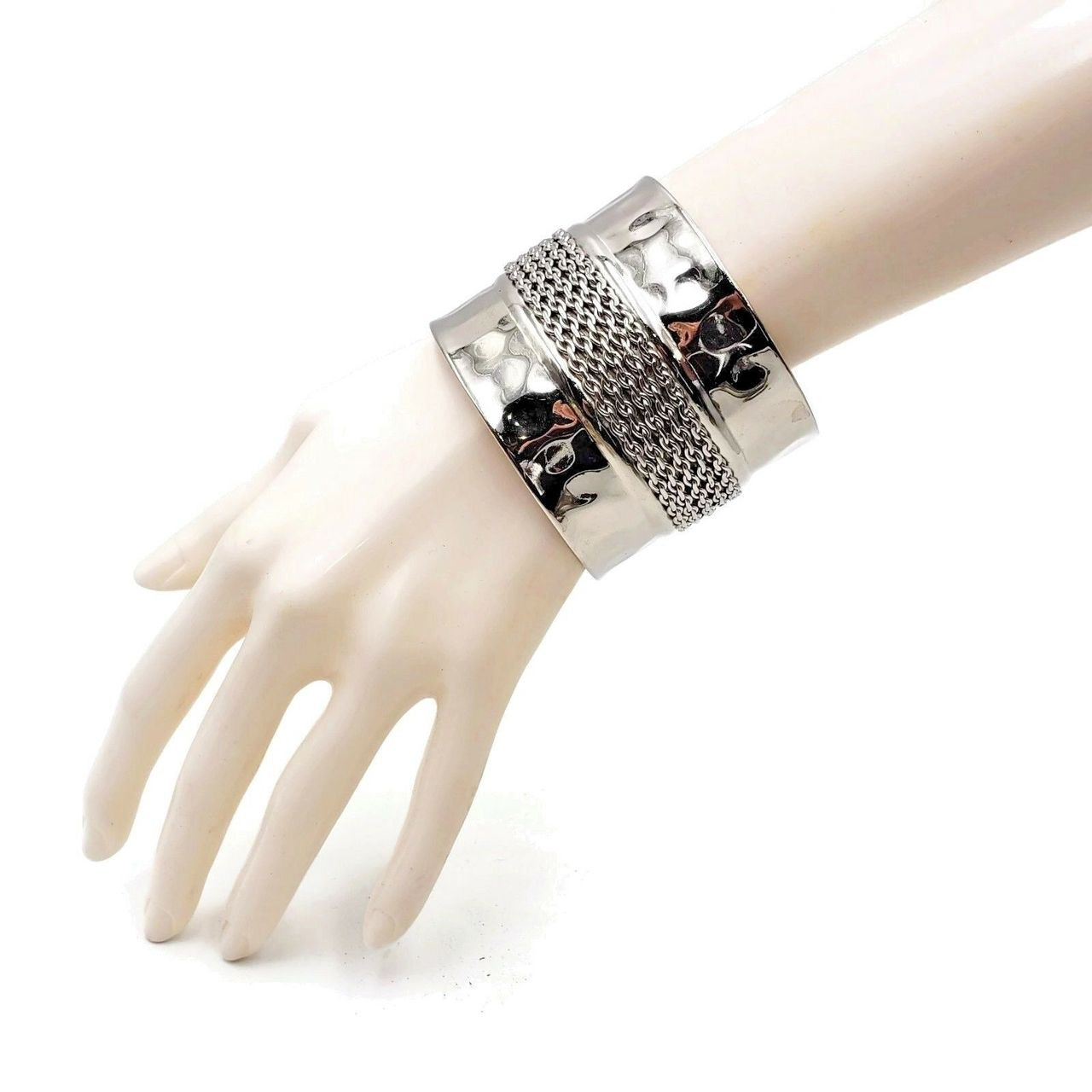 Kessie Gypsy / Boho Style Silver Brass Cuff with Multi Layer Chain Accent