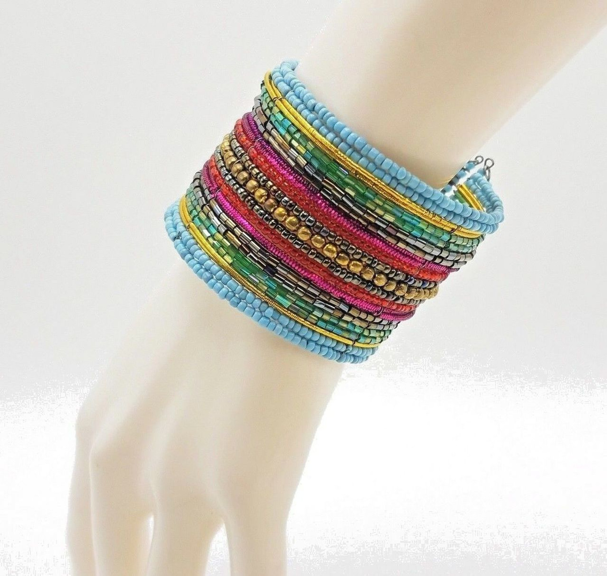 Rainbow Color Seed Beads Memory Wire Cuff Bracelet Boho Beads Festiva Iridescent