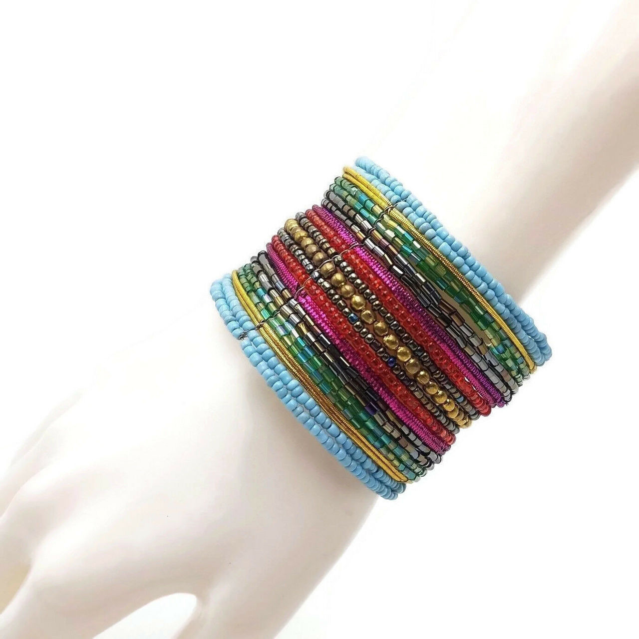 Rainbow Color Seed Beads Memory Wire Cuff Bracelet Boho Beads Festiva Iridescent