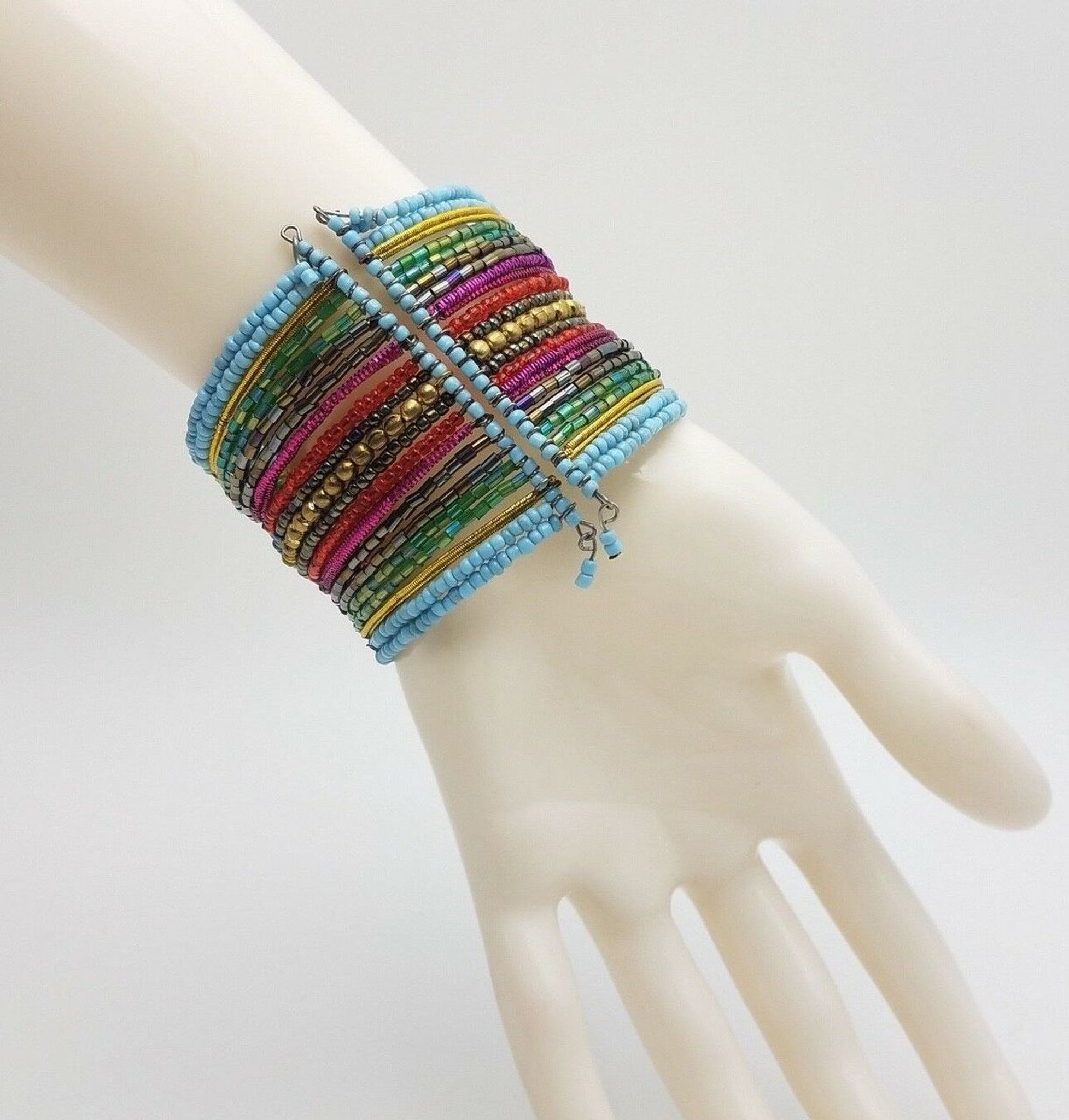 Rainbow Color Seed Beads Memory Wire Cuff Bracelet Boho Beads Festiva Iridescent