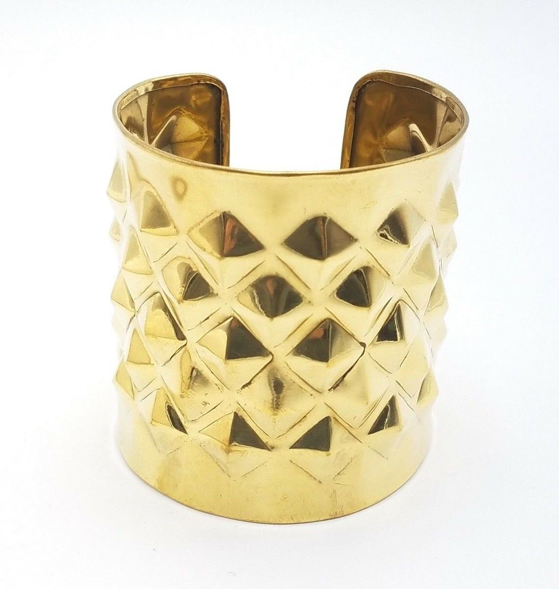 Pyramid Studded Wide Cuff Bracelet Gold Tone Ornate Brass Cuff Metal Jewelry