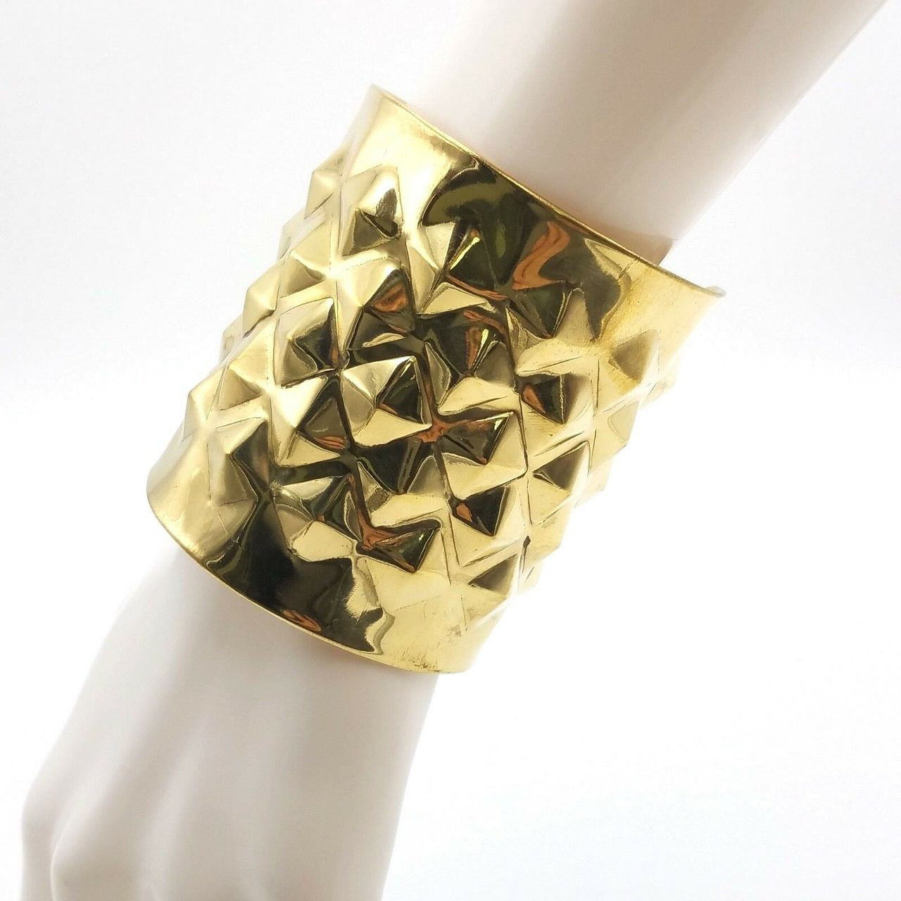 Pyramid Studded Wide Cuff Bracelet Gold Tone Ornate Brass Cuff Metal Jewelry