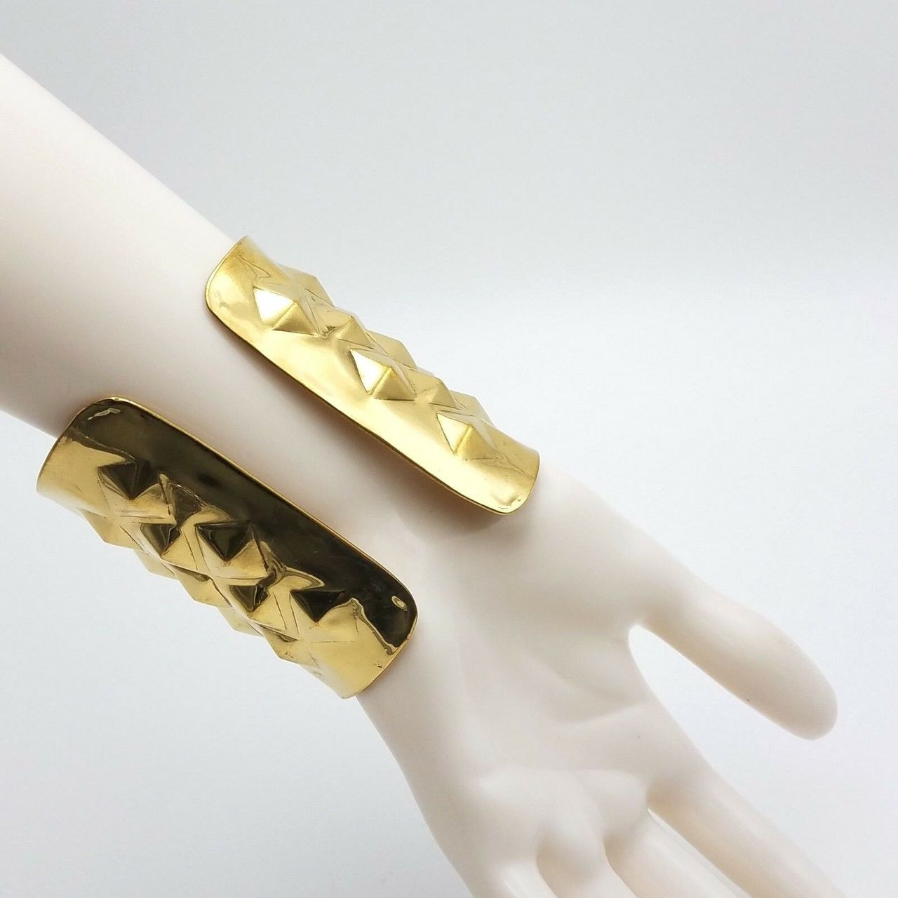 Pyramid Studded Wide Cuff Bracelet Gold Tone Ornate Brass Cuff Metal Jewelry