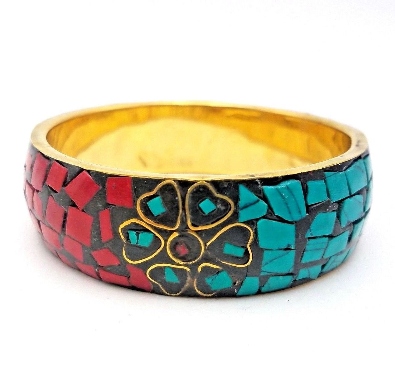 Tribal Red Coral Turquoise Chips Bangle Brass Bracelet Jewerly