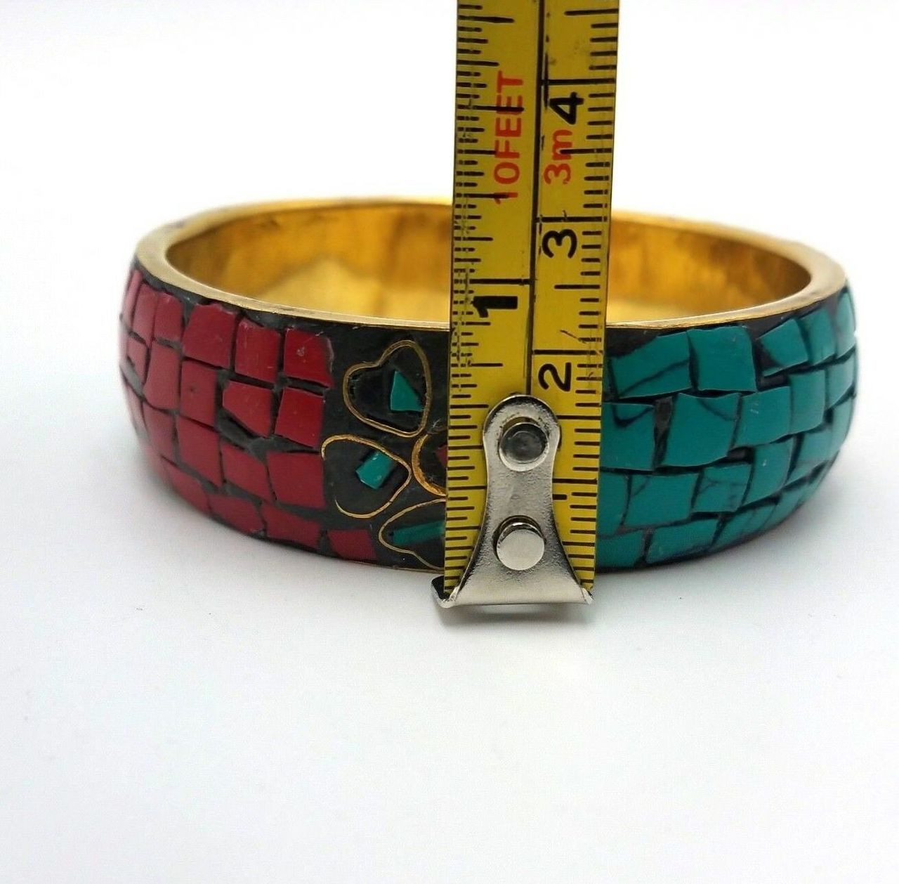 Tribal Red Coral Turquoise Chips Bangle Brass Bracelet Jewerly