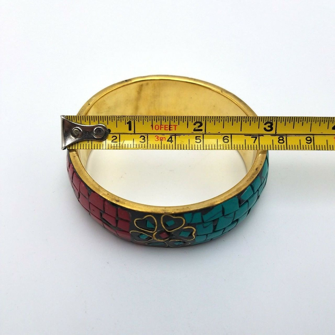 Tribal Red Coral Turquoise Chips Bangle Brass Bracelet Jewerly