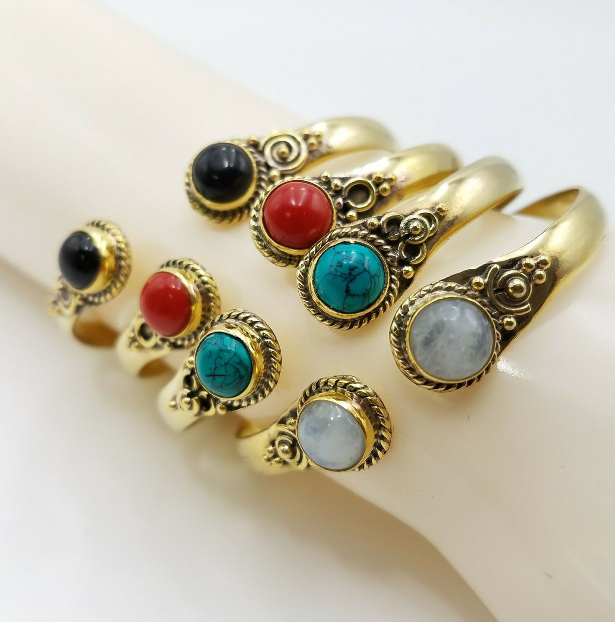 Turquoise Jasper Coral Cuff Bracelet Natural Stones Brass Set Of 4