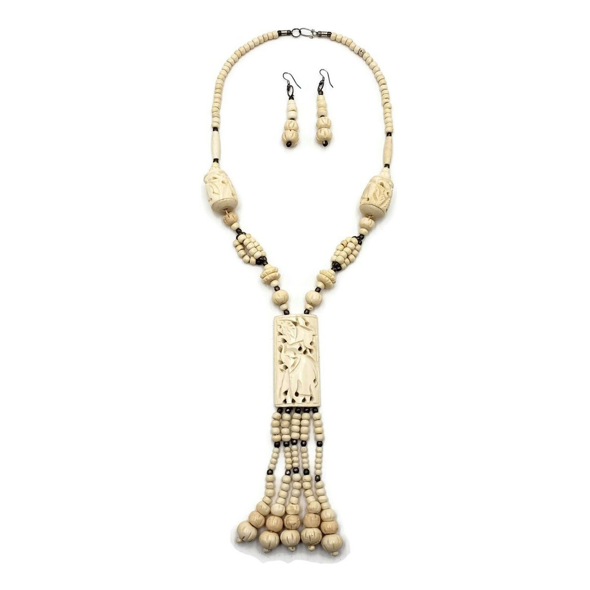Lambu Bone Necklace with Carved Elephant Pendant