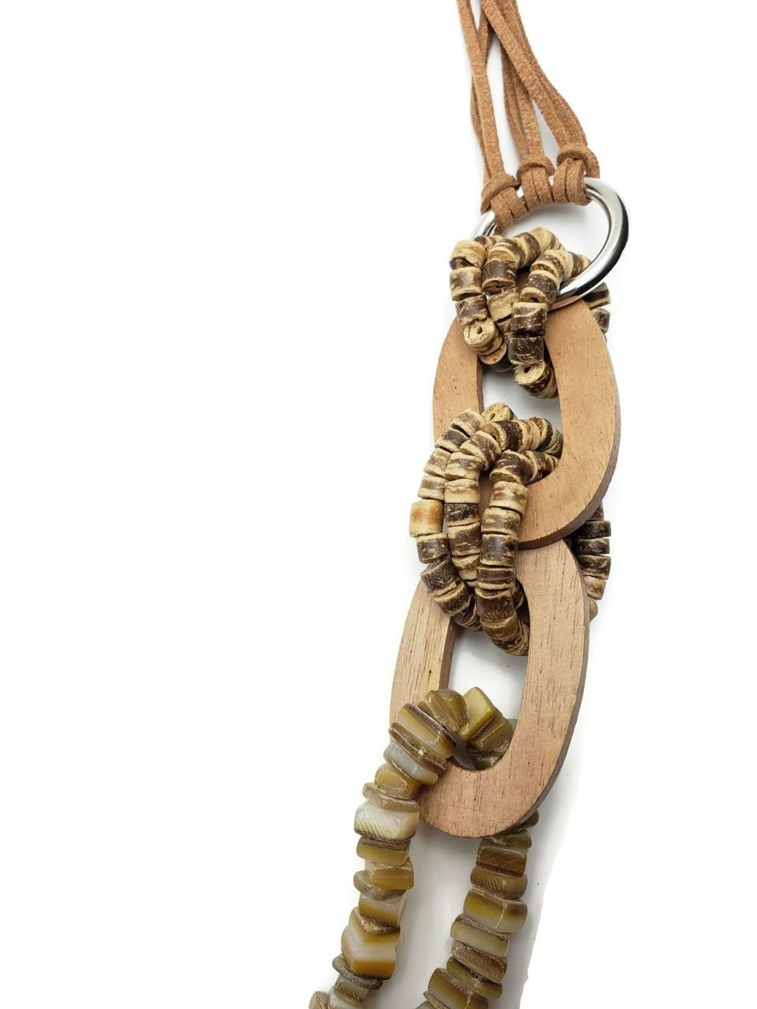 Juhu Wood Necklace with Pukka Shell Beads & Lacquered Coconut Multi Strand Leather