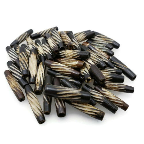 Carved Bone Beads Buffalo Bone Hair Pipe Beads Dark Brown Color .1" 50pc