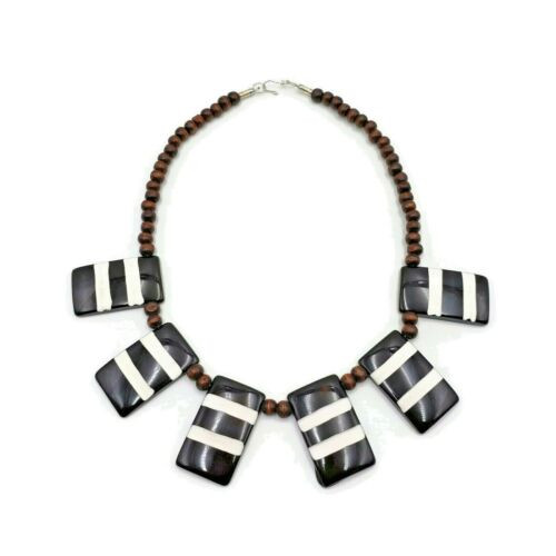 Resin and Wood Beads Striped Pendant Necklace