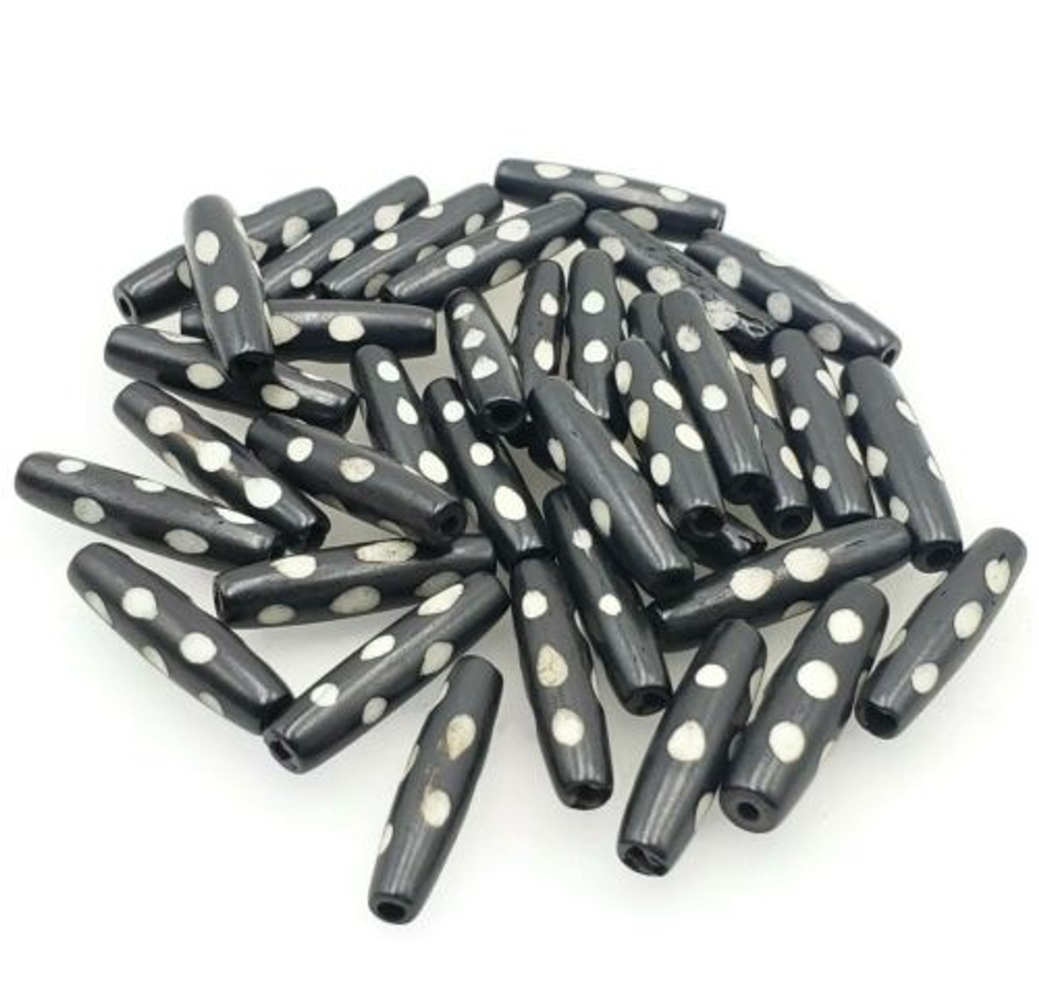 Polka Dots Bone Beads Buffalo Bone Hair Pipe Beads Black Color Spotted 1" 50pc