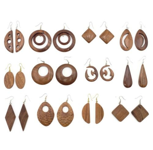 Quanesia Carved Wooden Earrings - Assorted Set of 12