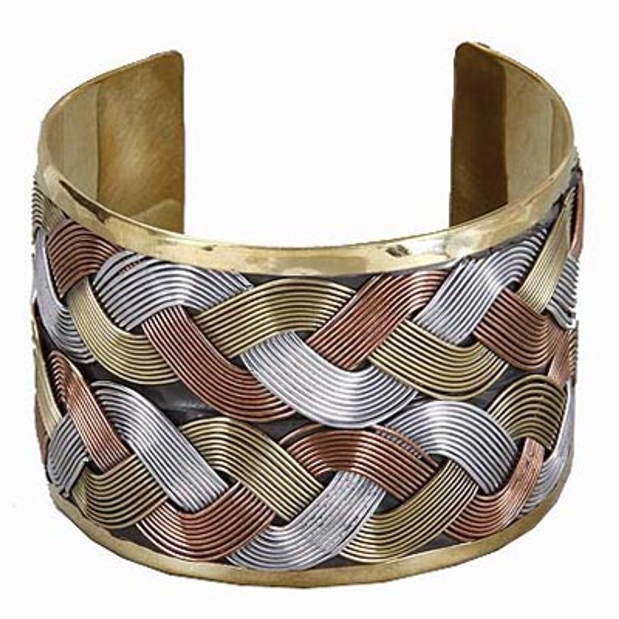 Handmade Brass Wire Braided Cuff Bracelet 3 Tone