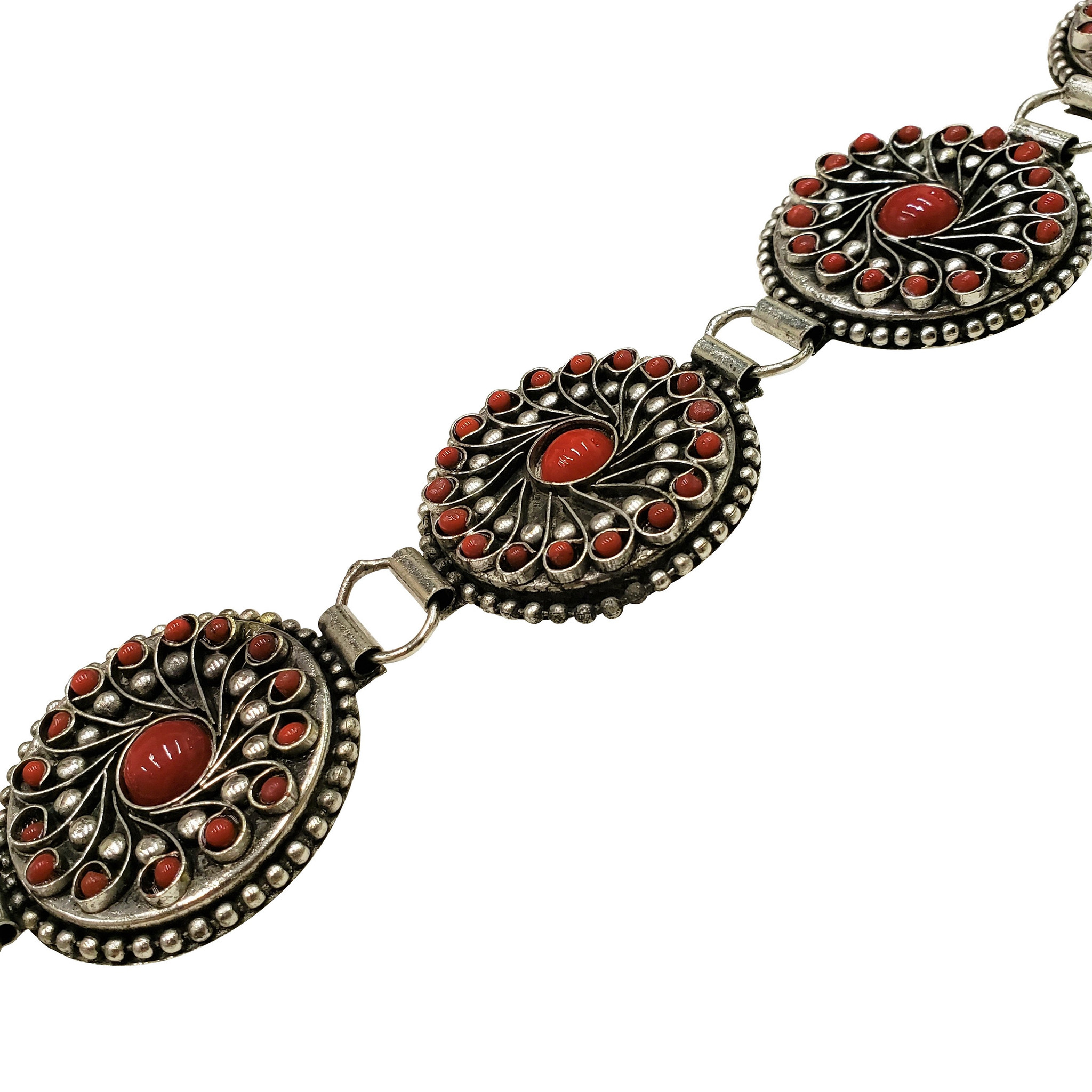 Vara Brass Metal Hip Belt with Red Glass Beads and Wire Work