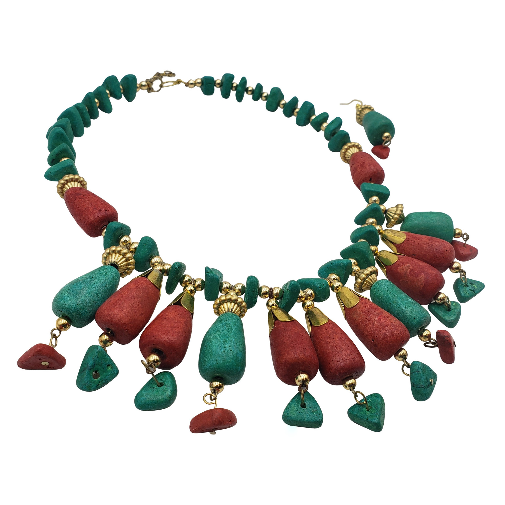 Anaki Clay Bead Necklace Earring Set - Turquoise and Coral Tone Beads