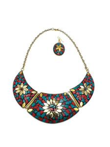 Bajalia Jewelry Tibetan Solid Brass Bib Collar Coral Turquoise Necklace Set