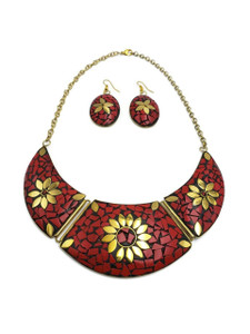 Bajalia Jewelry Tibetan Solid Brass Bib Collar Coral Turquoise Necklace Set
