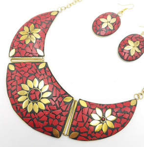 Melody Tibetan Fashion Inspired Bib Necklace Set  with Dangle Earrings | Red & Gold