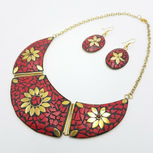 Melody Tibetan Fashion Inspired Bib Necklace Set  with Dangle Earrings | Red & Gold