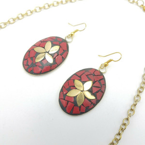 Melody Tibetan Fashion Inspired Bib Necklace Set  with Dangle Earrings | Red & Gold