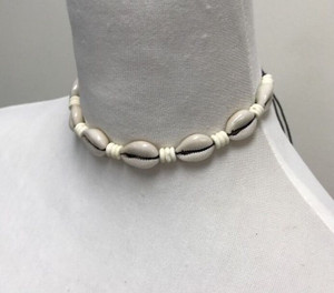 Cowrie Shell Necklace Choker Surfer Boho Festival - White on Black