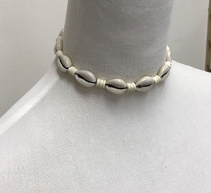 Cowrie Shell Necklace Choker Surfer Boho Festival - White on Black