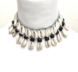 Freya Braided Cotton Necklace with Cowrie Shell and Black Beads 
