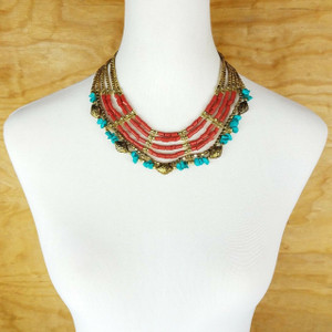 Constance Ethnic Multi Strand Bone and Gold Metal Beads Necklace