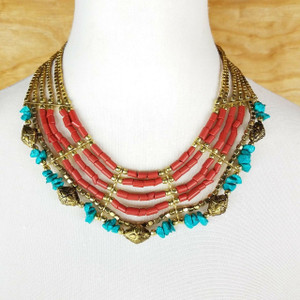 Constance Ethnic Multi Strand Bone and Gold Metal Beads Necklace