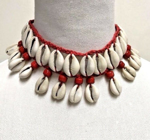 Cowrie Shell Necklace Choker Surfer Boho Festival Red Glass Beads Accents