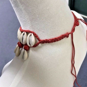 Cowrie Shell Necklace Choker Surfer Boho Festival Red Glass Beads Accents