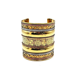 Sharifa Three Tone Brass Cuff Bracelet with Floral Accent - 3"