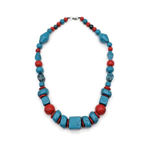 Urika Fashionable Wood Bead Necklace - Red & Turquoise Tone